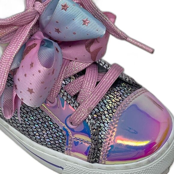 Justice Girl's Bow Silver & Pink Shimmer Glitter Sneakers Shoes Lace Up Size 4 - Picture 8 of 10